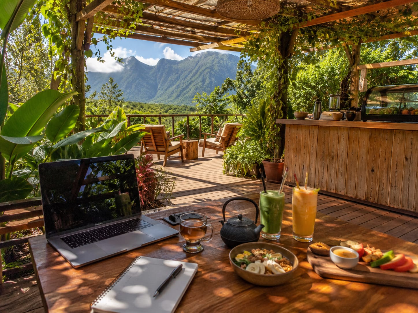 Terrasse du coffee shop 5Sens — espace de coworking ouvert sur les montagnes de La Réunion
