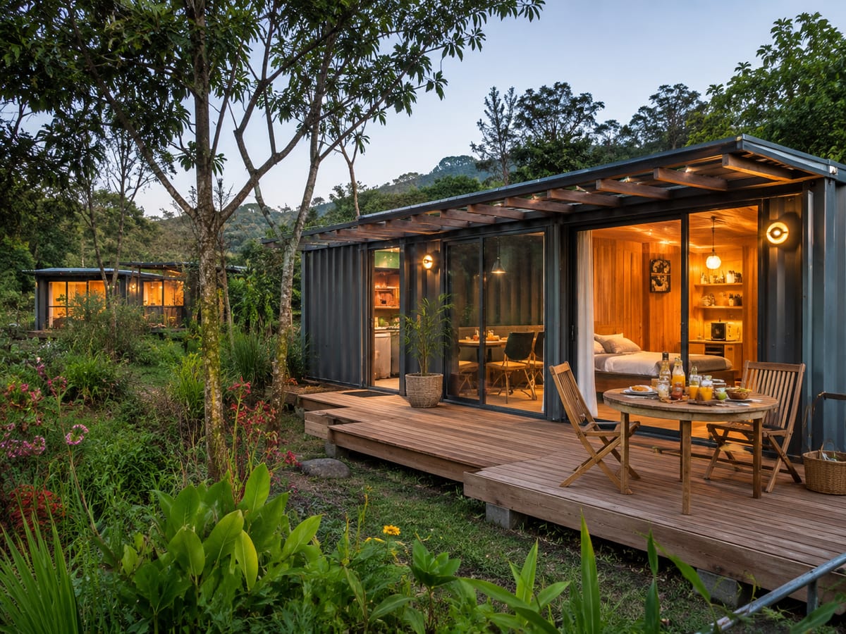 Tiny house 5Sens à la tombée du jour — hébergement atypique au cœur du jardin tropical à La Réunion
